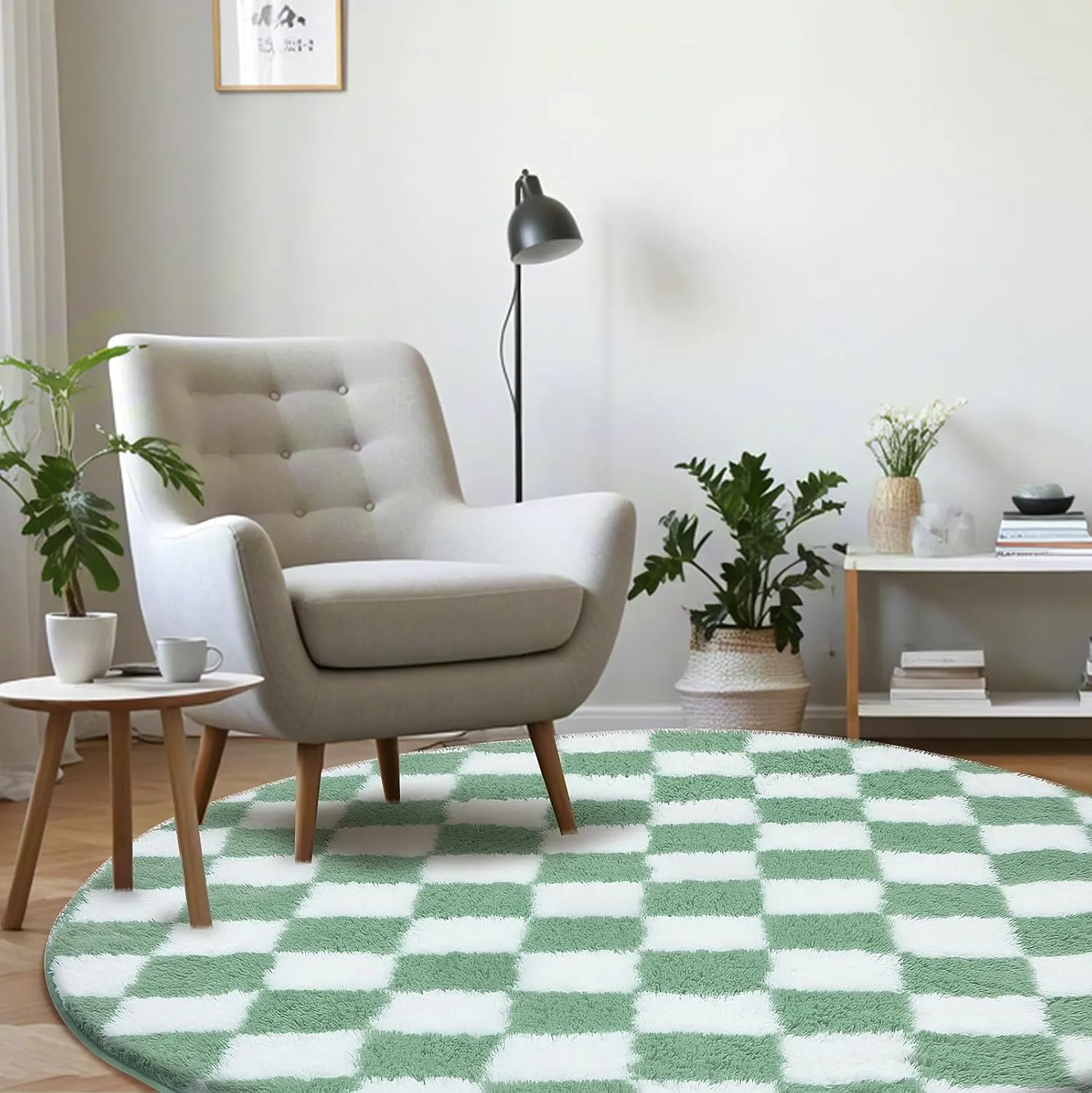 Super Soft Rug, Round Rug for Bedroom, 5X5 Ft Sage Green and White Checkered Round Rug Non-Slip High Pile Cute Soft Fluffy Rug for Living Room Bedroom Kids Room