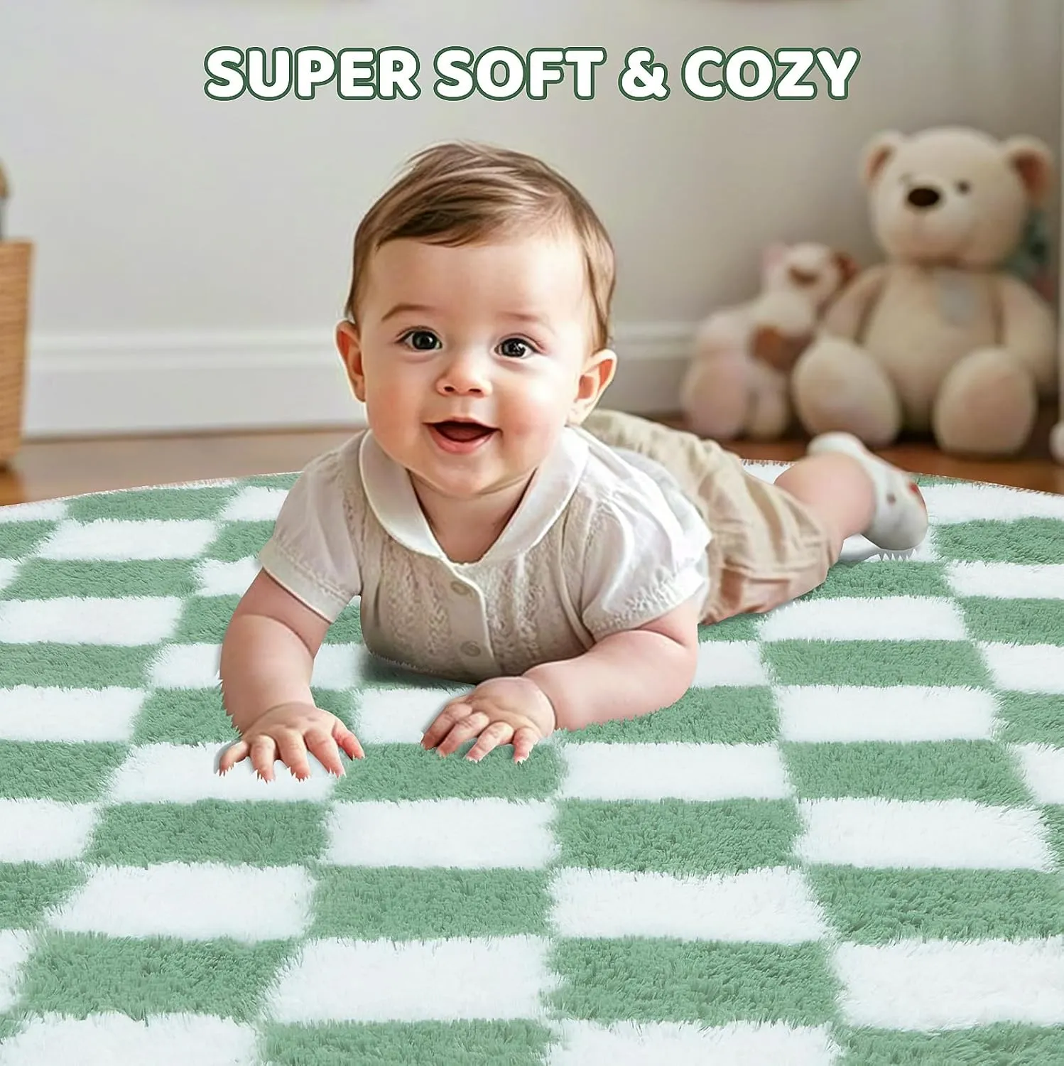 Super Soft Rug, Round Rug for Bedroom, 5X5 Ft Sage Green and White Checkered Round Rug Non-Slip High Pile Cute Soft Fluffy Rug for Living Room Bedroom Kids Room