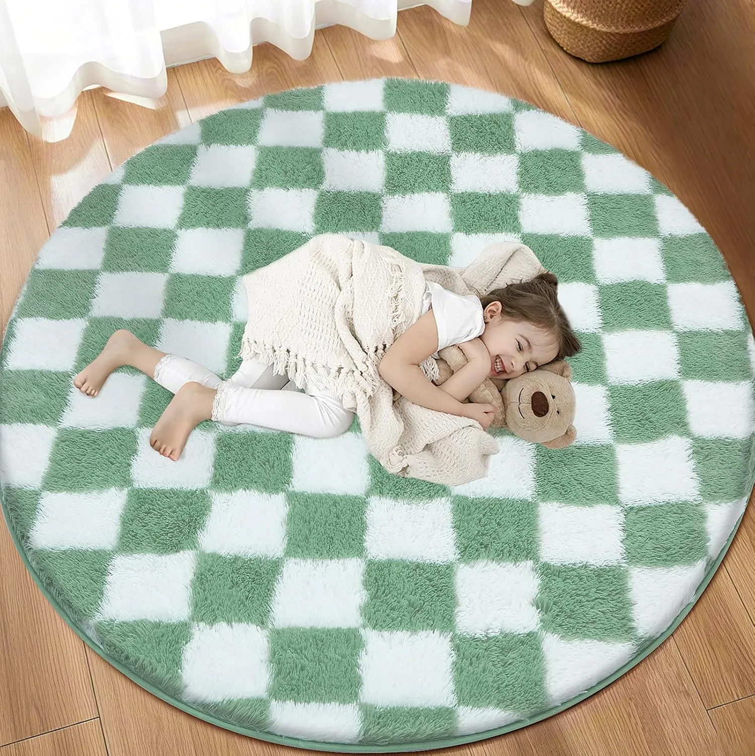 Super Soft Rug, Round Rug for Bedroom, 5X5 Ft Sage Green and White Checkered Round Rug Non-Slip High Pile Cute Soft Fluffy Rug for Living Room Bedroom Kids Room