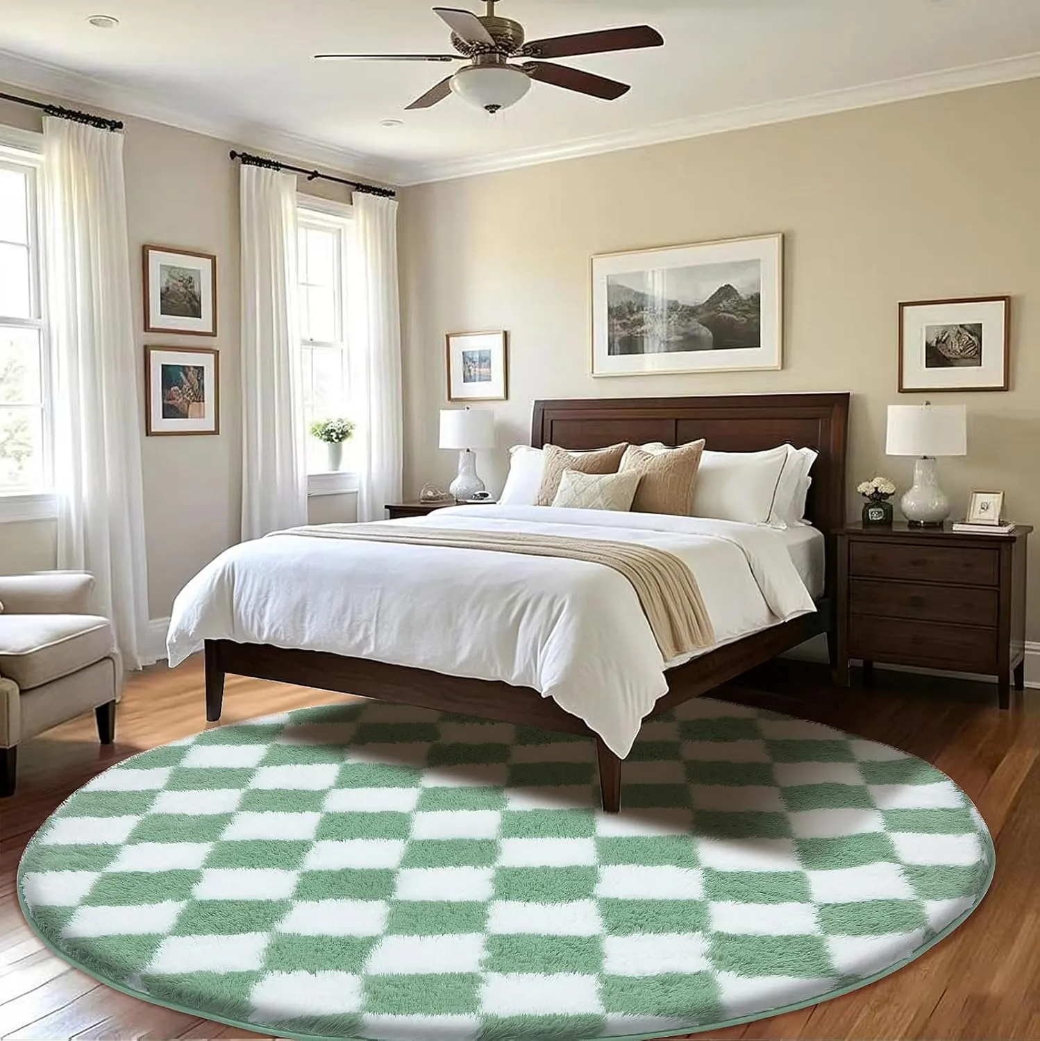 Super Soft Rug, Round Rug for Bedroom, 5X5 Ft Sage Green and White Checkered Round Rug Non-Slip High Pile Cute Soft Fluffy Rug for Living Room Bedroom Kids Room