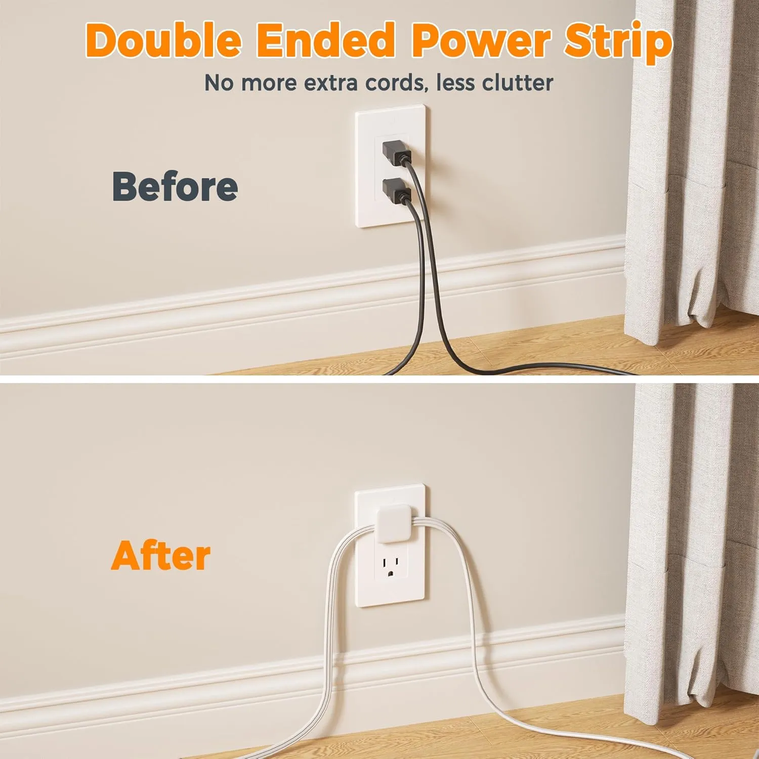 TESSAN Twin Extension Cord 12 FT, Double Ended Flat Plug Surge Protector Power Strip, 3 Non Blocking Outlets 6 Feet Power Splitter Each Side, Dual Split Outlet Extension for Home Office Dorm Room