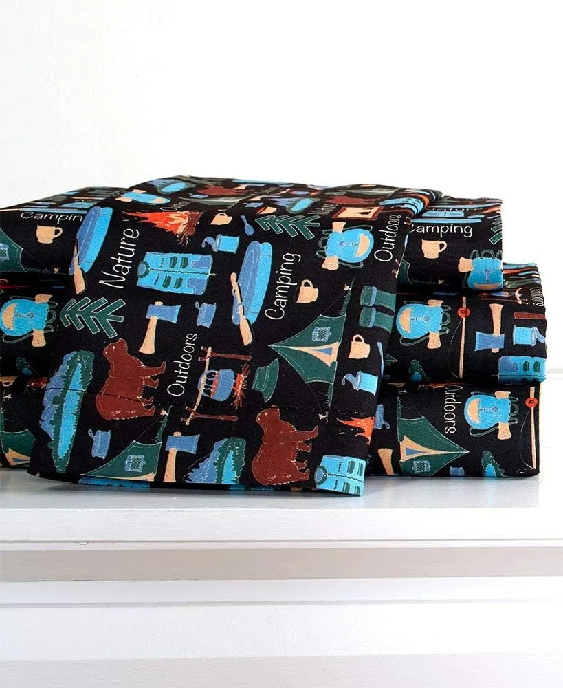 The Lakeside Collection Campsite Sheet Set with Retro Camping Print,4 pcs - Queen