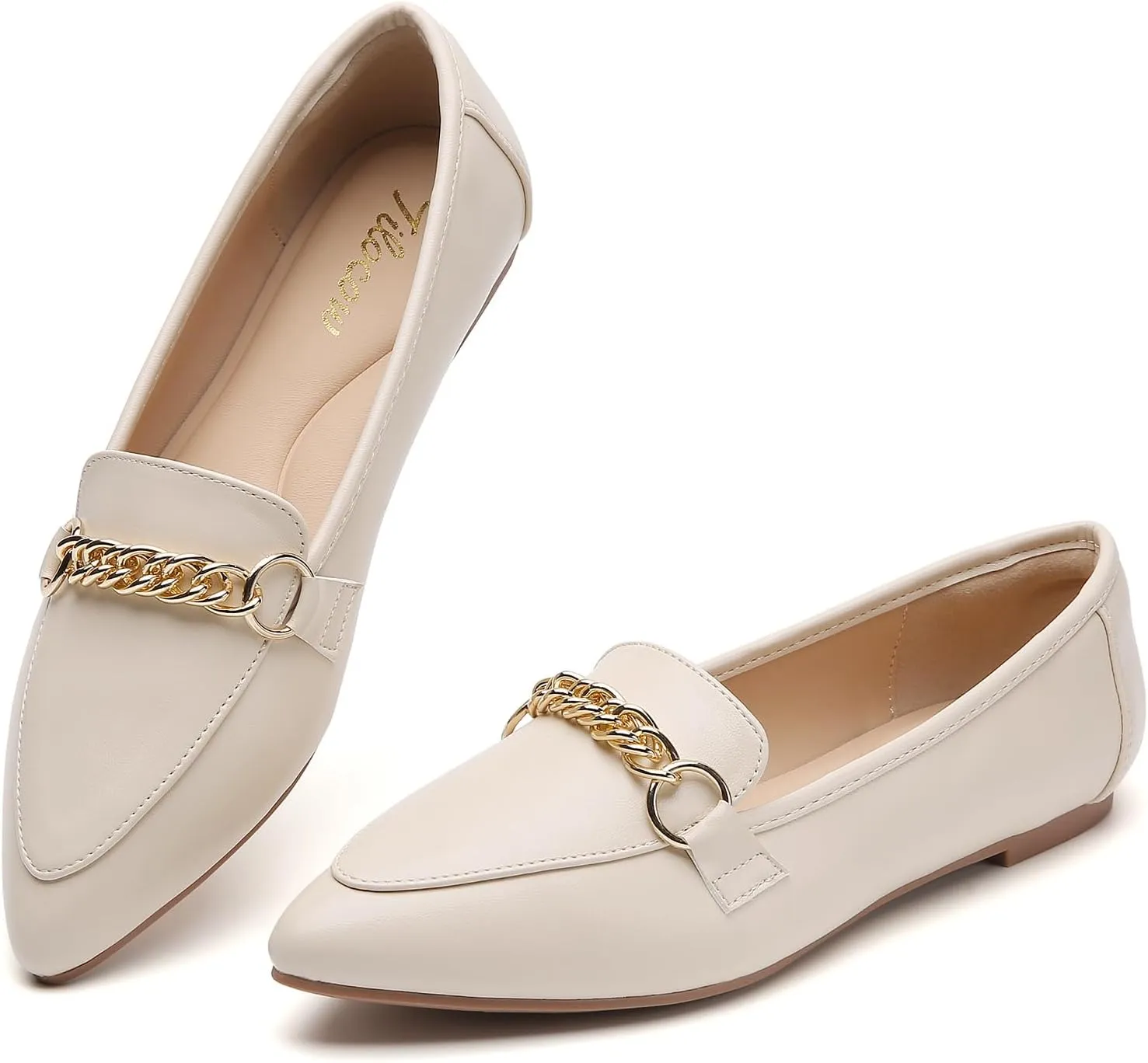 Tilocow Metal Chain Loafers for Women Pointed Toe Slip on Flats Comfortable Fashion Work Shoes