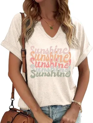 TIXOM Womens Summer V Neck Shirt Funny Letter Printed Graphic Short Sleeve Tee Casual Loose Fit Holiday Tops