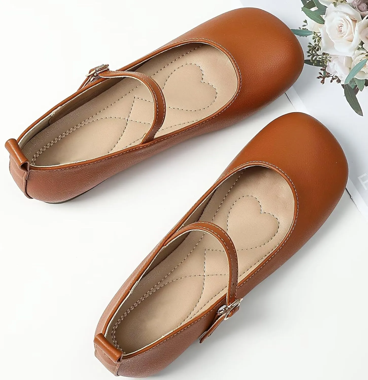 TN TANGNEST Women's Ballet Flats Retro Mary Jane Shoes for Women Cute Square Toe Buckle Dress Flats Soft Work Flats