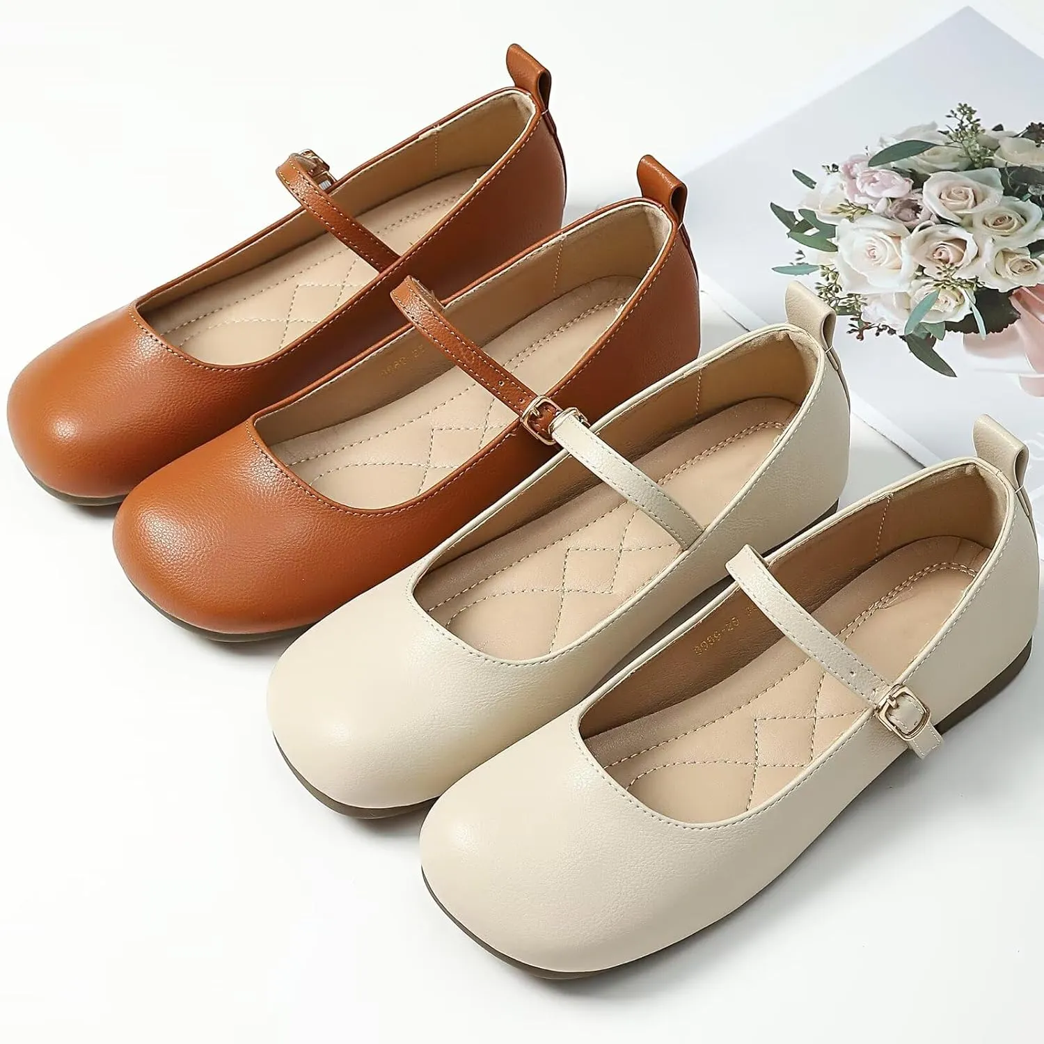 TN TANGNEST Women's Ballet Flats Retro Mary Jane Shoes for Women Cute Square Toe Buckle Dress Flats Soft Work Flats