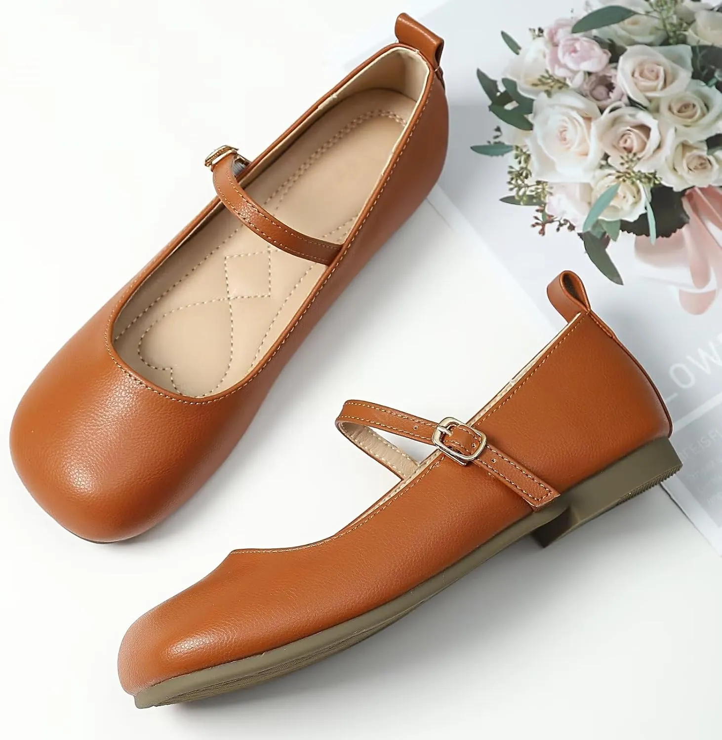 TN TANGNEST Women's Ballet Flats Retro Mary Jane Shoes for Women Cute Square Toe Buckle Dress Flats Soft Work Flats