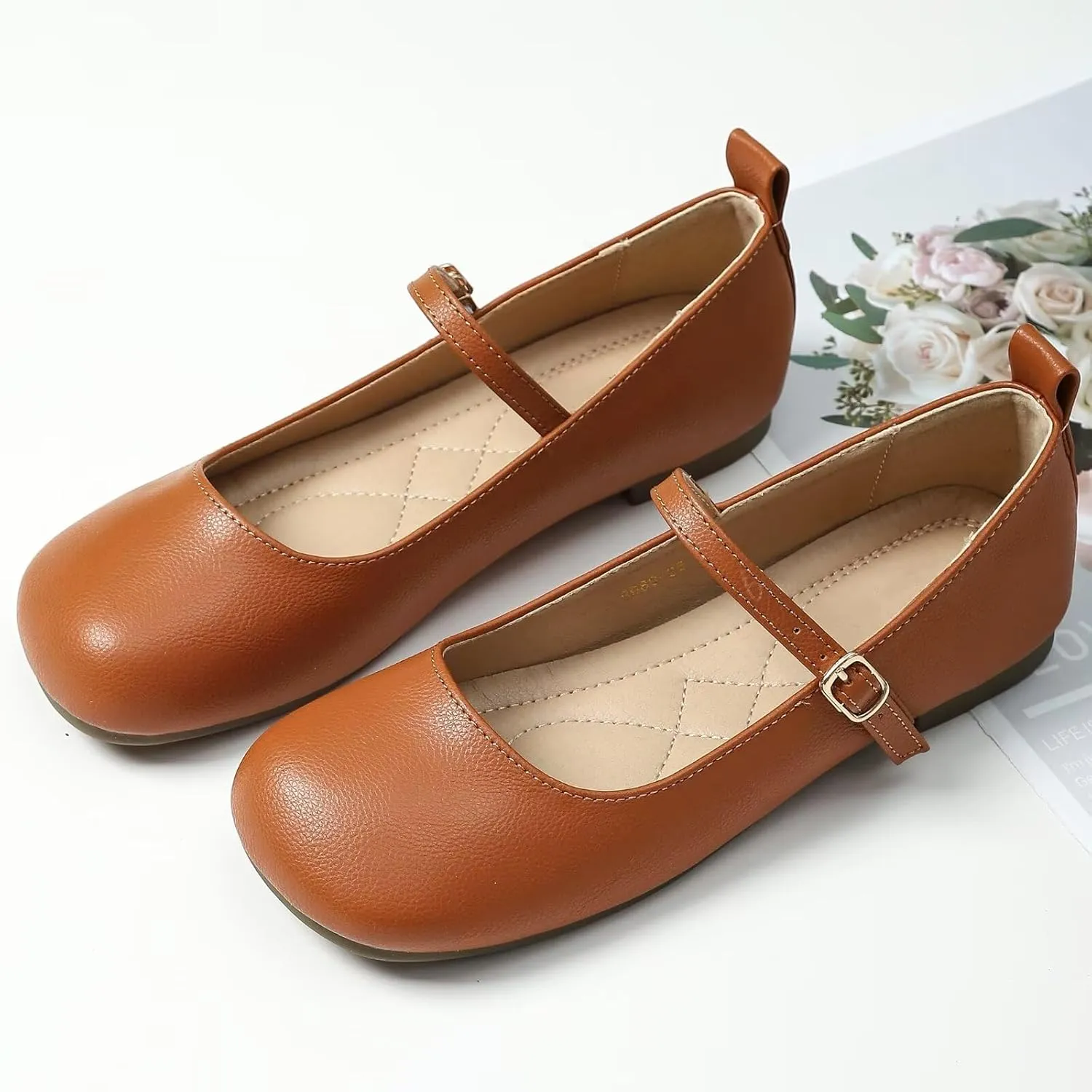 TN TANGNEST Women's Ballet Flats Retro Mary Jane Shoes for Women Cute Square Toe Buckle Dress Flats Soft Work Flats