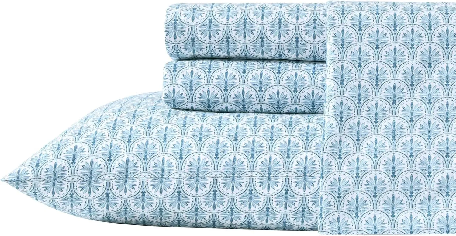 Tommy Bahama - Queen Sheet Set, Super Soft Cotton Percale Bedding with Matching Shams, Tropical Bedding Set, Oeko-Tex Certified (Coastal Batik Blue, Queen)