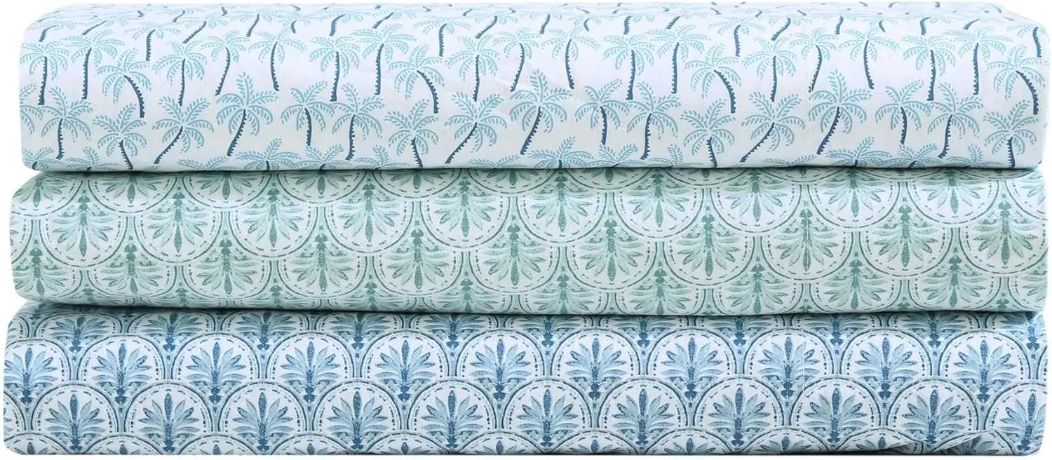Tommy Bahama - Queen Sheet Set, Super Soft Cotton Percale Bedding with Matching Shams, Tropical Bedding Set, Oeko-Tex Certified (Coastal Batik Blue, Queen)
