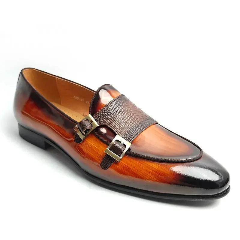 TREKHE | Brown Glossy Monk Loafer – Dual Buckle Elegance