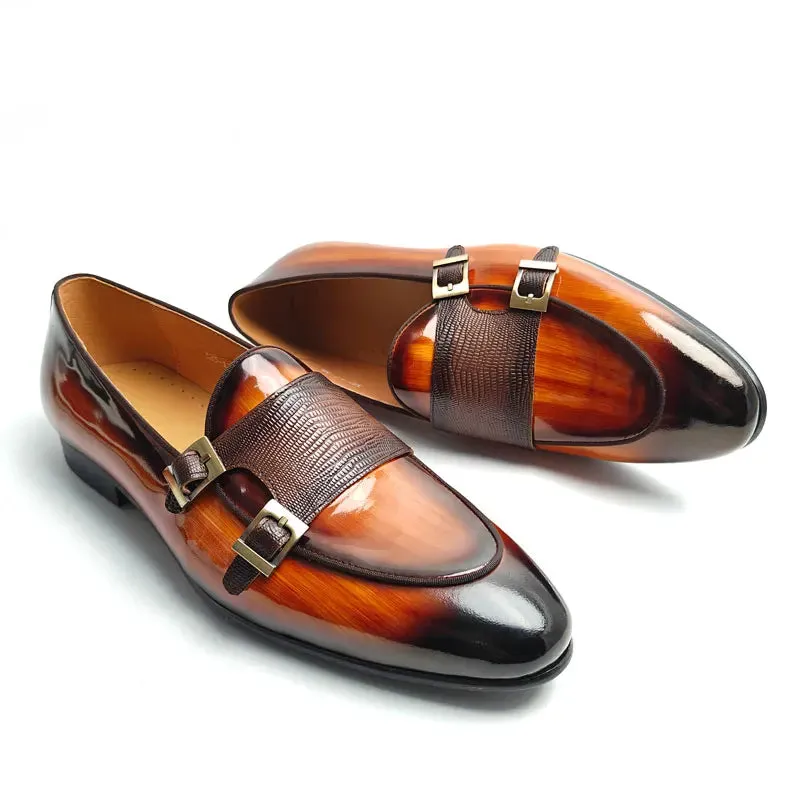 TREKHE | Brown Glossy Monk Loafer – Dual Buckle Elegance