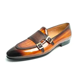 TREKHE | Brown Glossy Monk Loafer – Dual Buckle Elegance