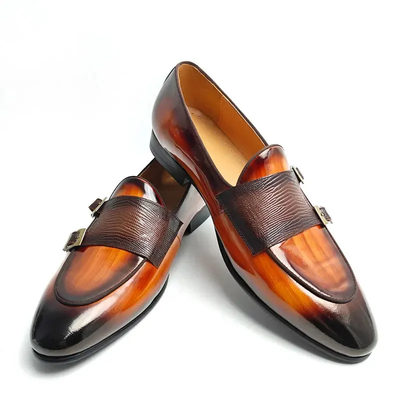 TREKHE | Brown Glossy Monk Loafer – Dual Buckle Elegance