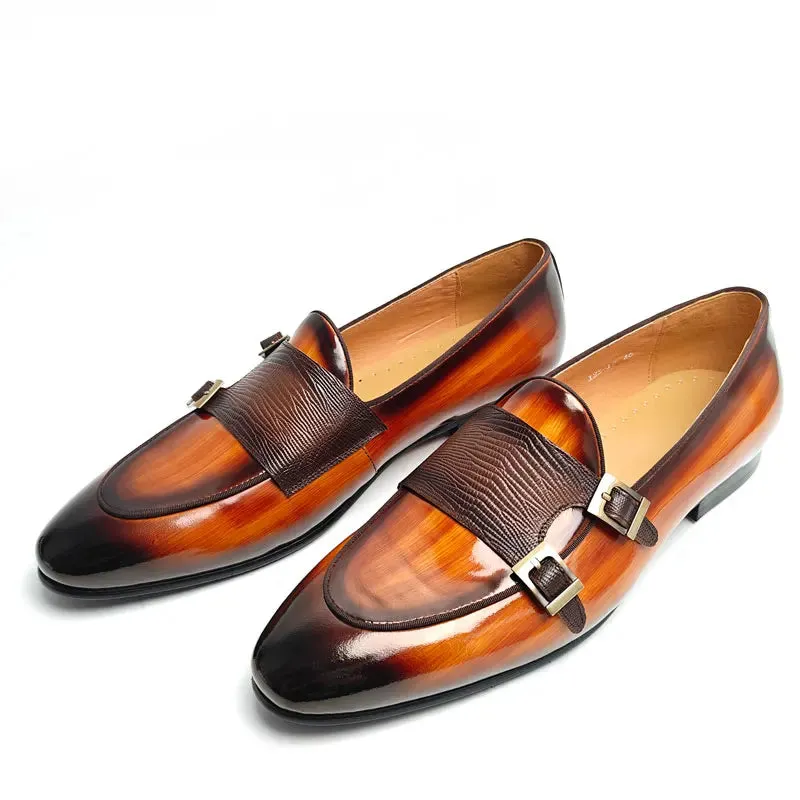 TREKHE | Brown Glossy Monk Loafer – Dual Buckle Elegance