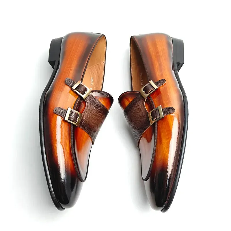 TREKHE | Brown Glossy Monk Loafer – Dual Buckle Elegance