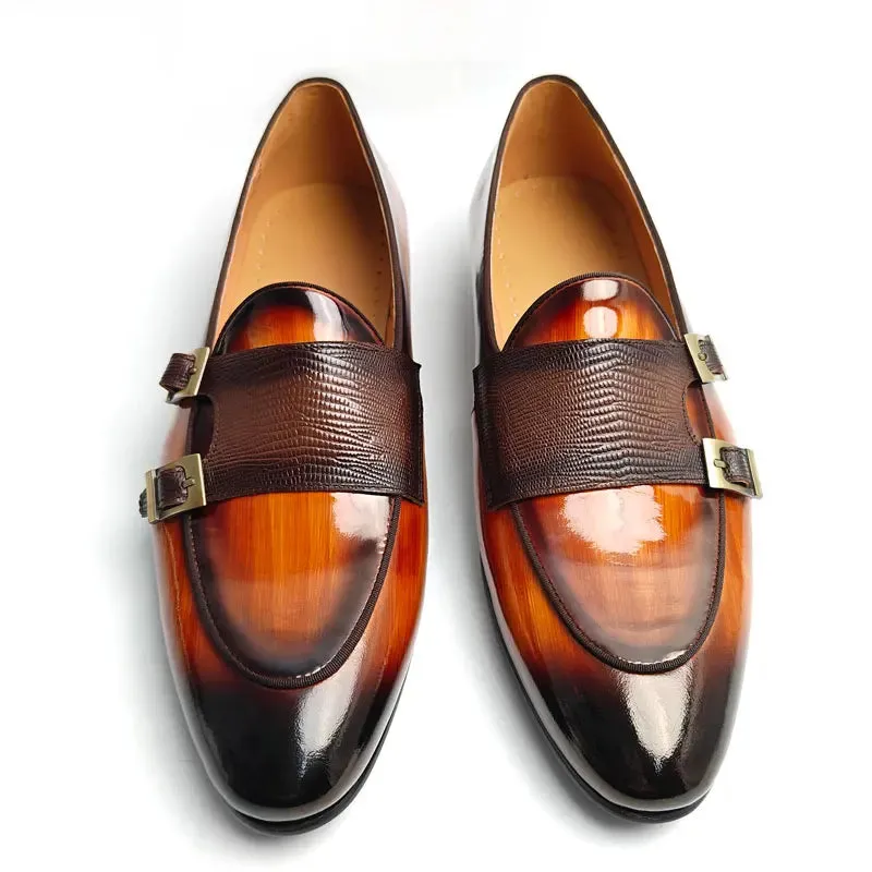 TREKHE | Brown Glossy Monk Loafer – Dual Buckle Elegance