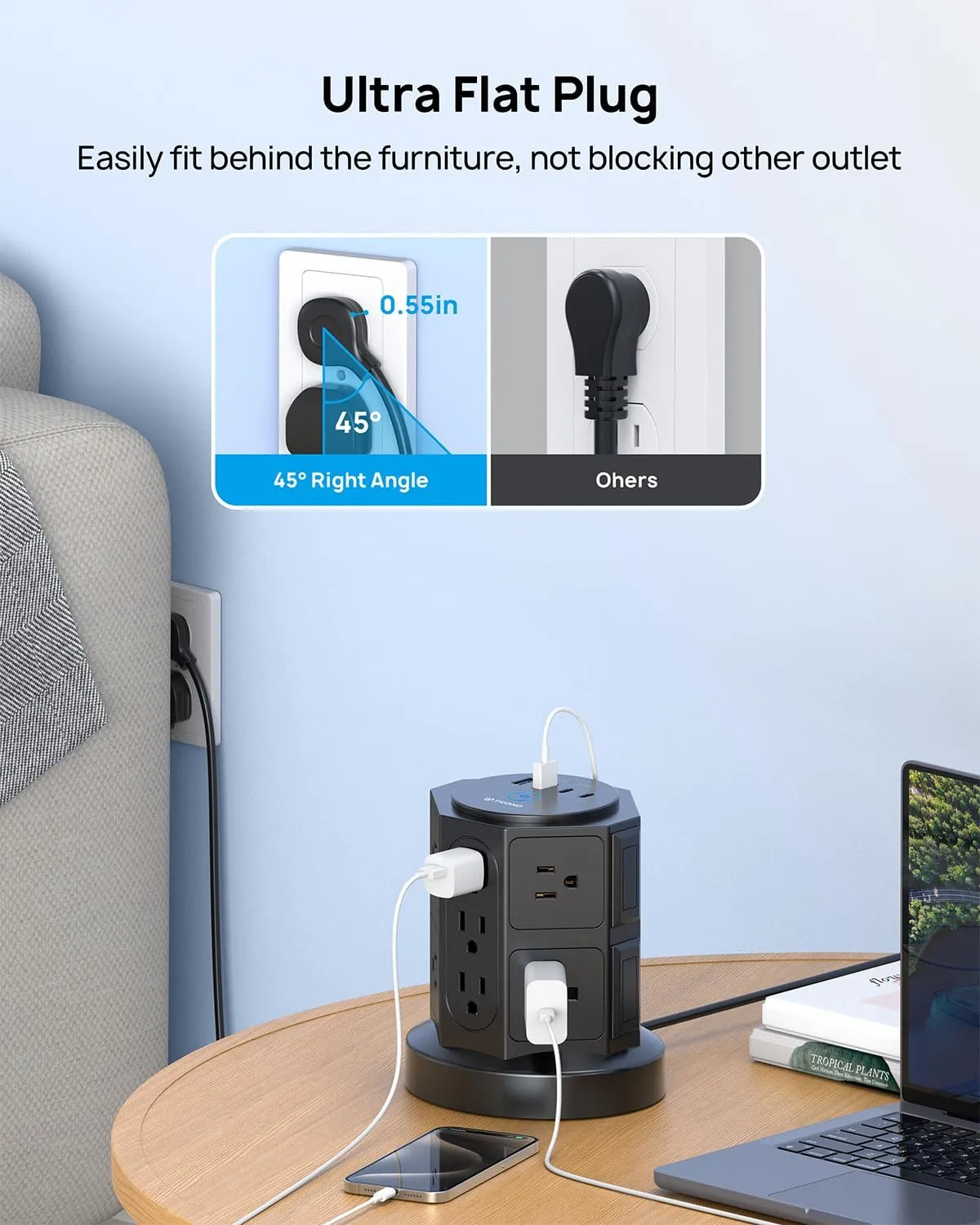 TROND Tower Surge Protector Power Strip with USB, 14 Widely Spaced Outlets, 2-USB C and 2 USB-A, 2100J Surge Protection, 10 Ft Extension Cord with Multiple Outlets Home, Office, Dorm Essentials Black