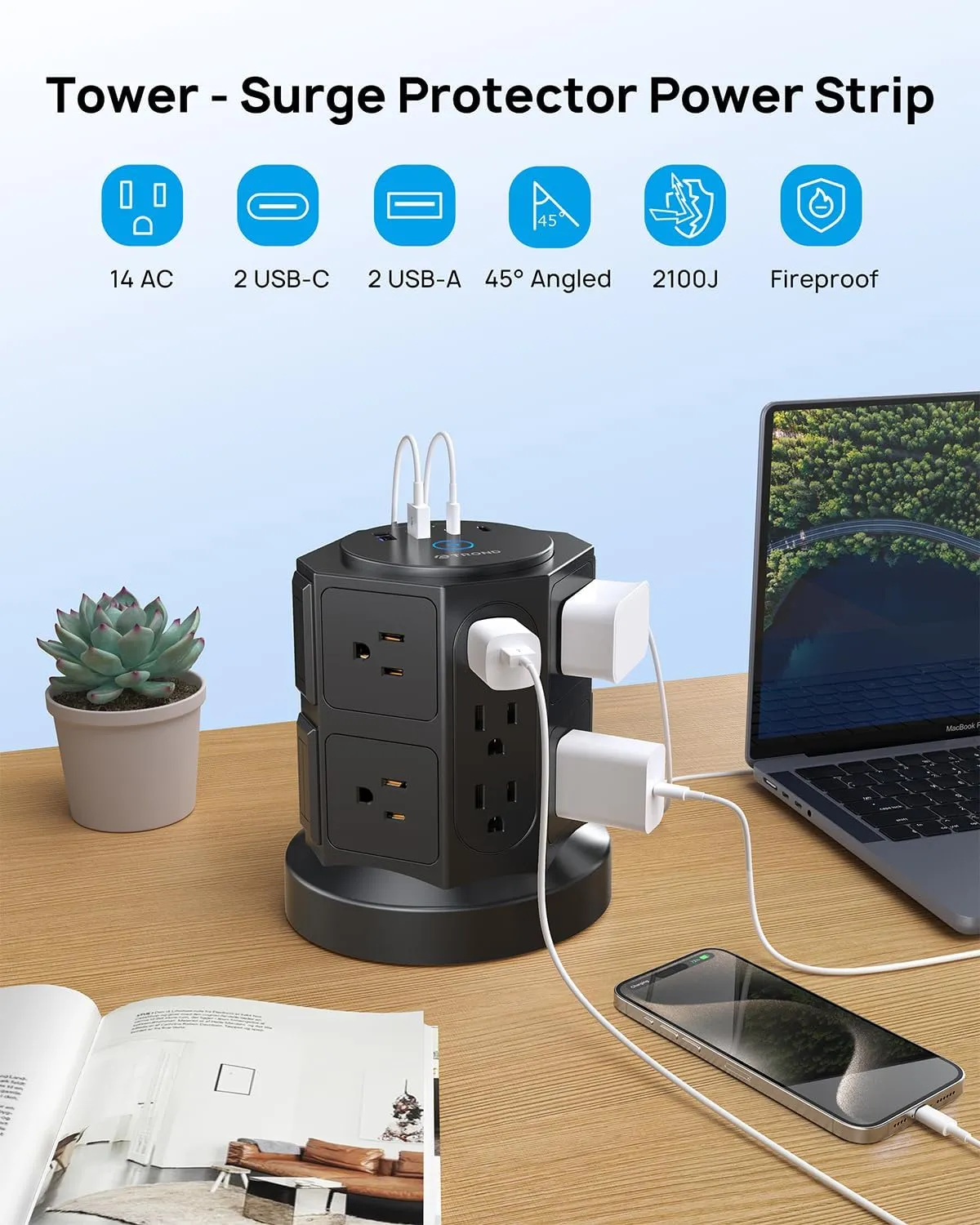 TROND Tower Surge Protector Power Strip with USB, 14 Widely Spaced Outlets, 2-USB C and 2 USB-A, 2100J Surge Protection, 10 Ft Extension Cord with Multiple Outlets Home, Office, Dorm Essentials Black