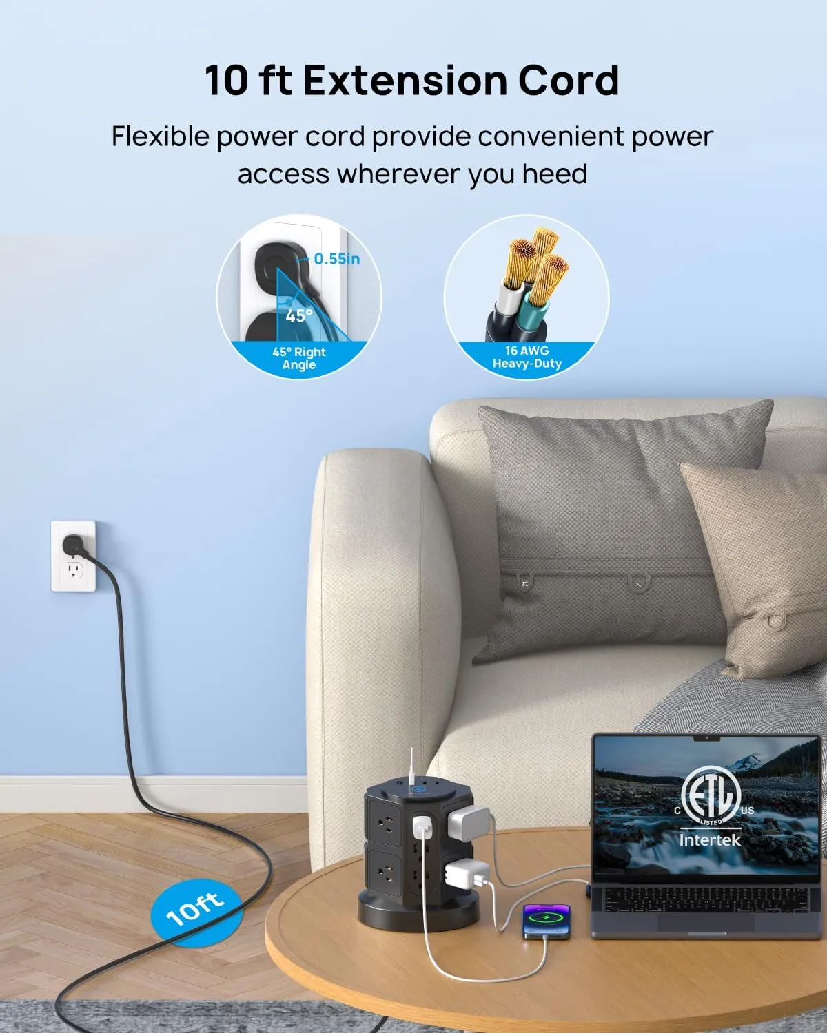 TROND Tower Surge Protector Power Strip with USB, 14 Widely Spaced Outlets, 2-USB C and 2 USB-A, 2100J Surge Protection, 10 Ft Extension Cord with Multiple Outlets Home, Office, Dorm Essentials Black
