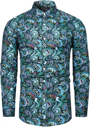 TUNEVUSE Men Floral Dress Shirts Long Sleeve Casual Button Down Flower Printed Shirts 100% Cotton