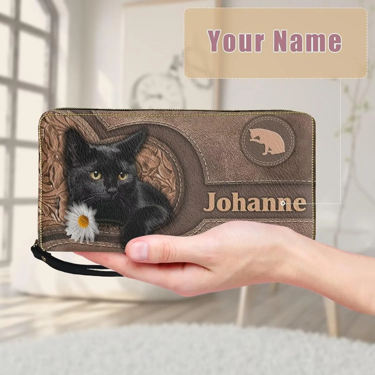 Tuoxiukan Personalized Cat Wallet for Women Customizable Small Womens Wallet PU Leather Long Wristlet Wallets with Zipper Custom Birthday Christmas Gifts for Mom Dad Son Daughter