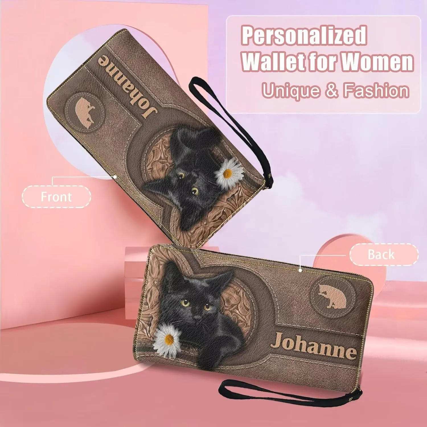 Tuoxiukan Personalized Cat Wallet for Women Customizable Small Womens Wallet PU Leather Long Wristlet Wallets with Zipper Custom Birthday Christmas Gifts for Mom Dad Son Daughter