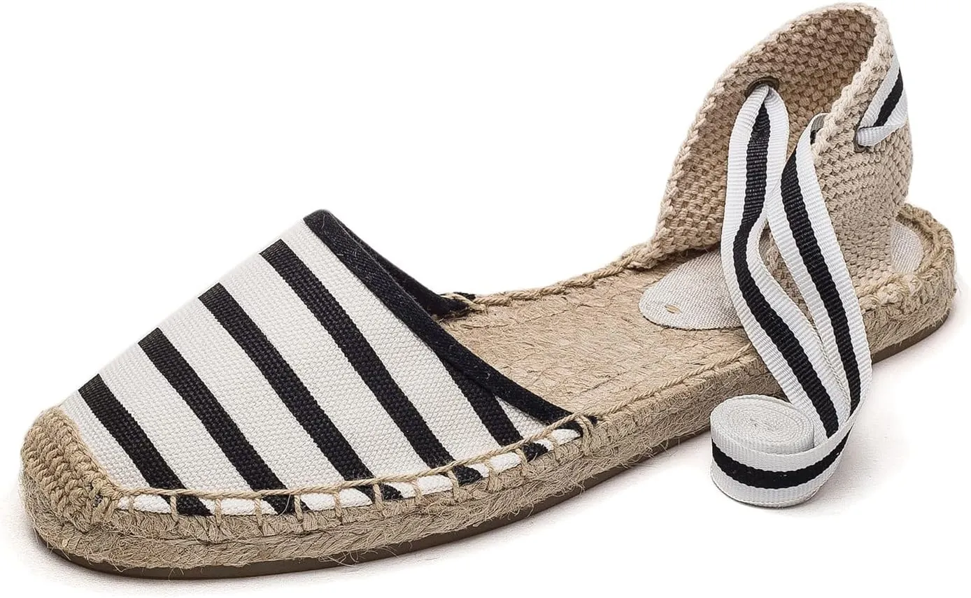 U-lite Women's Espadrille FLat Sandals Closed Toe Ankle Wrap,Classic Lace Up Summer Dressy Flat Shoes