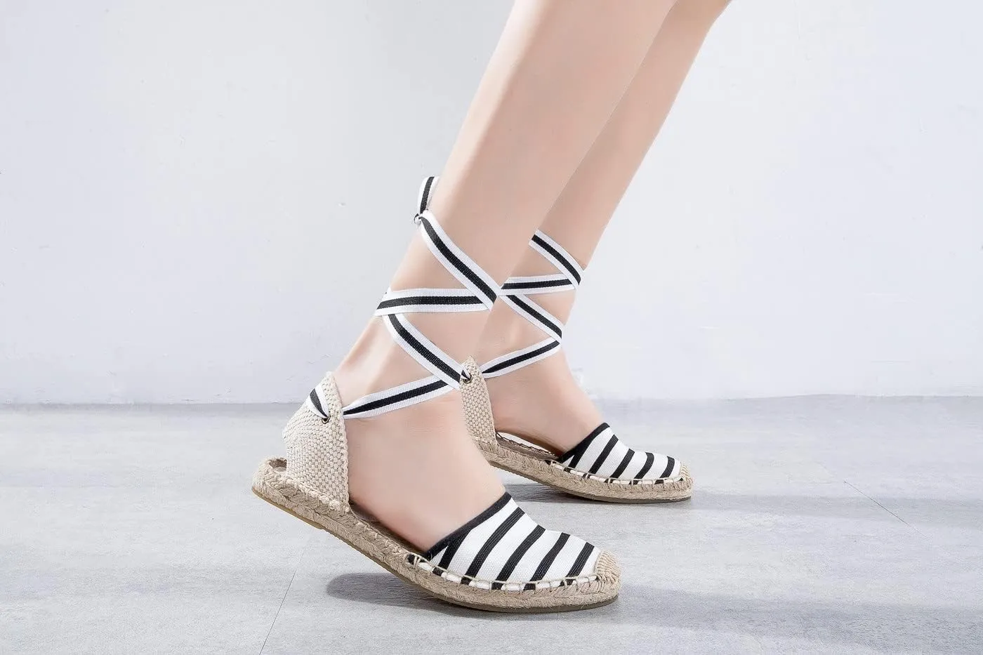 U-lite Women's Espadrille FLat Sandals Closed Toe Ankle Wrap,Classic Lace Up Summer Dressy Flat Shoes