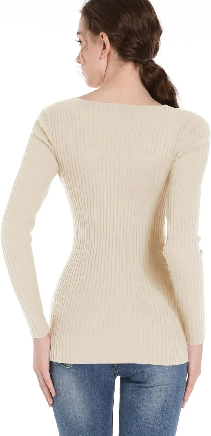v28 Women Square Neck Knit Elasticity Stretchable Long Sleeve Slim Sweater Tops