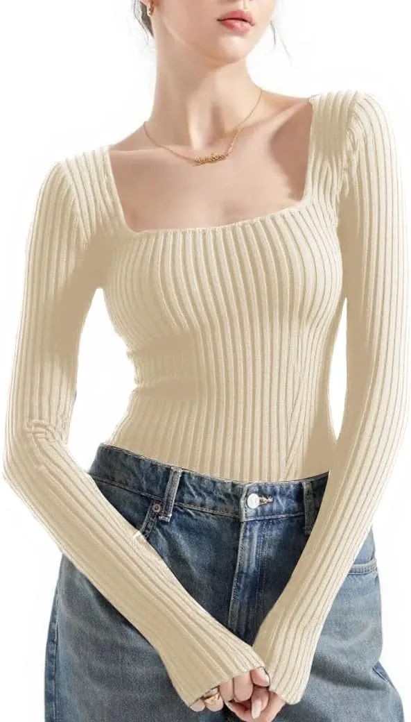 v28 Women Square Neck Knit Elasticity Stretchable Long Sleeve Slim Sweater Tops