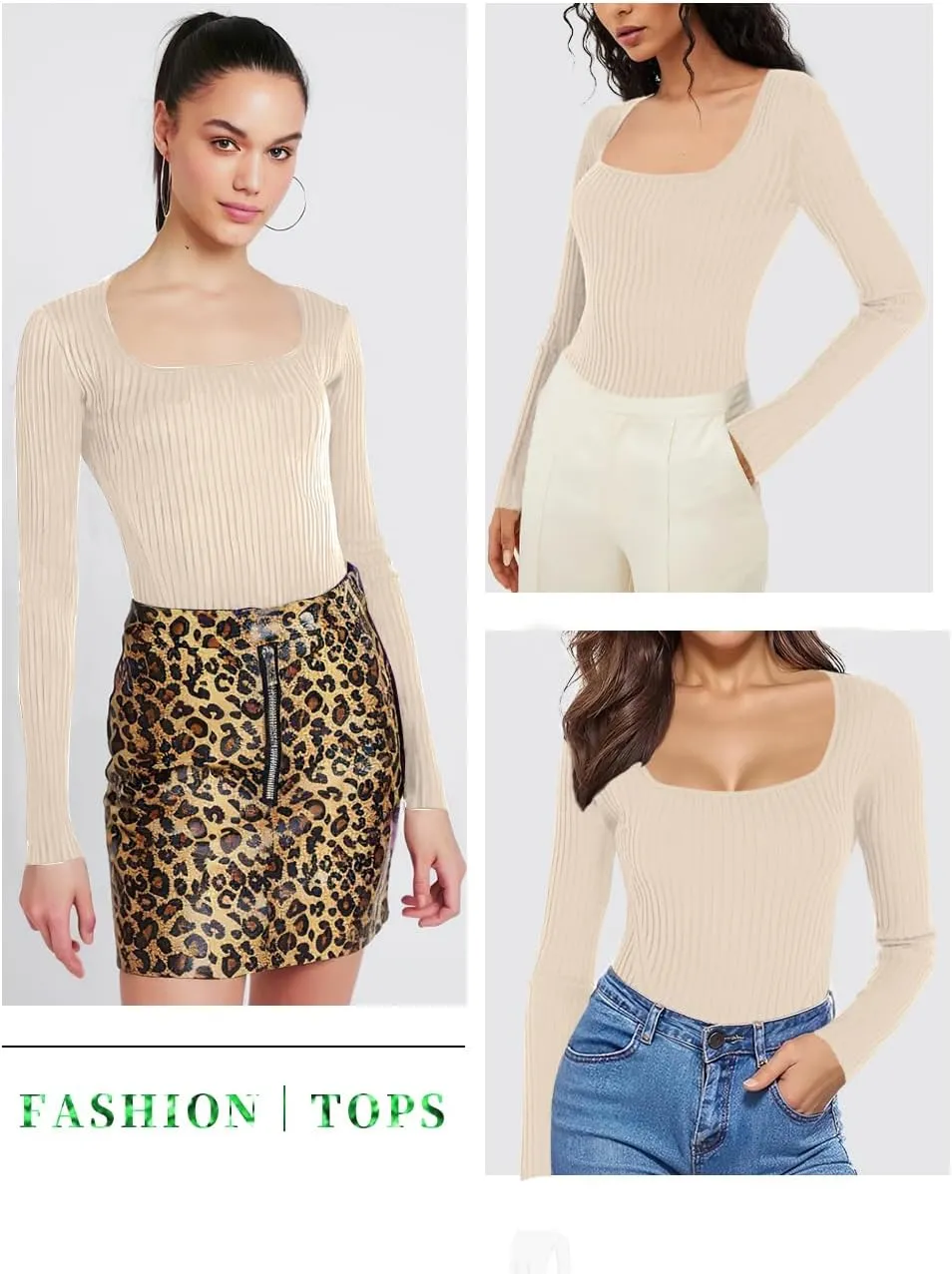 v28 Women Square Neck Knit Elasticity Stretchable Long Sleeve Slim Sweater Tops