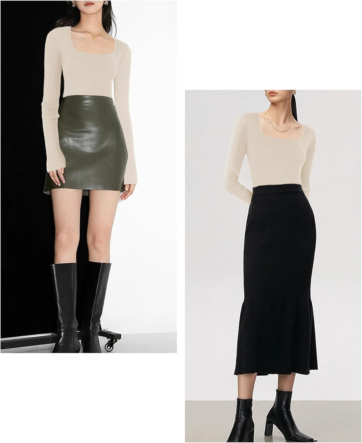 v28 Women Square Neck Knit Elasticity Stretchable Long Sleeve Slim Sweater Tops