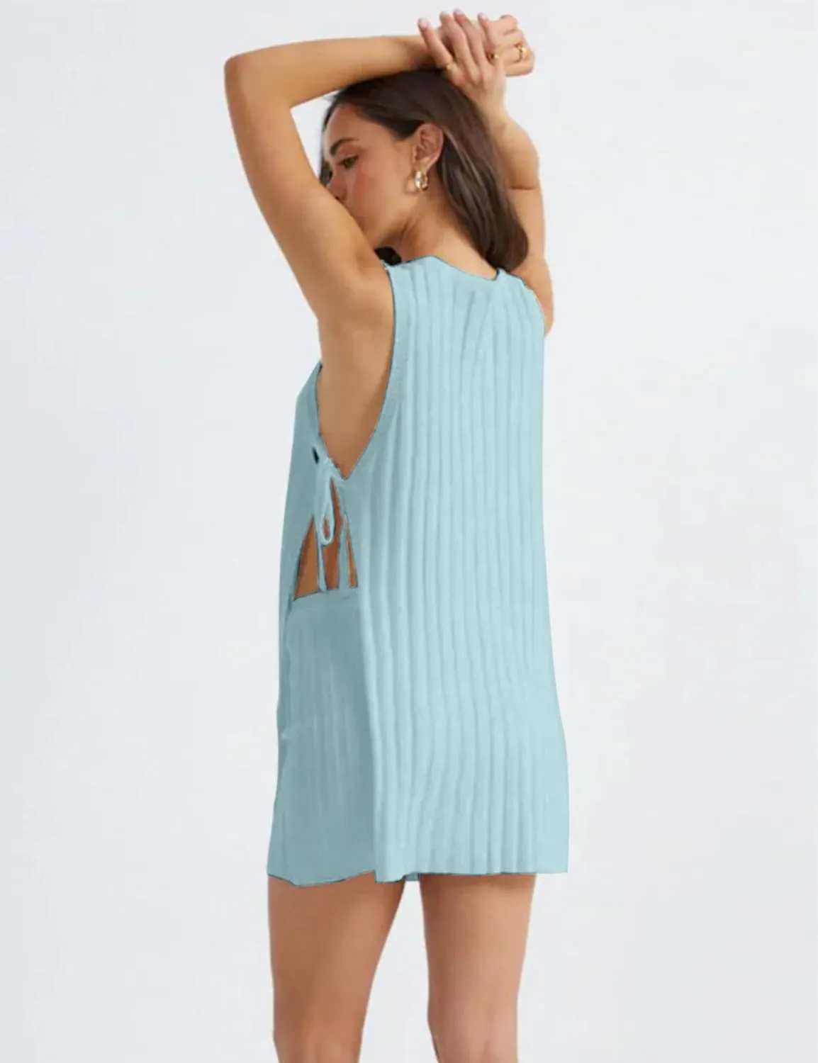 VAOYIU Womens Summer Sweater Set Sleeveless Knit tie straps Top Matching Shorts 2 Piece Beach Vacation Outfits