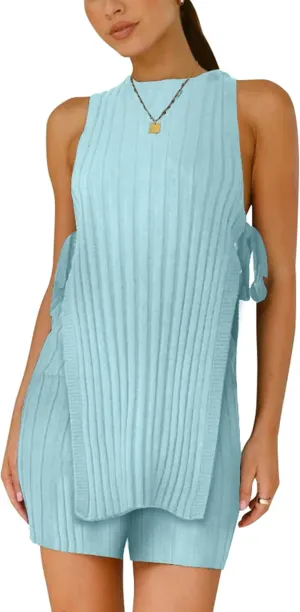VAOYIU Womens Summer Sweater Set Sleeveless Knit tie straps Top Matching Shorts 2 Piece Beach Vacation Outfits