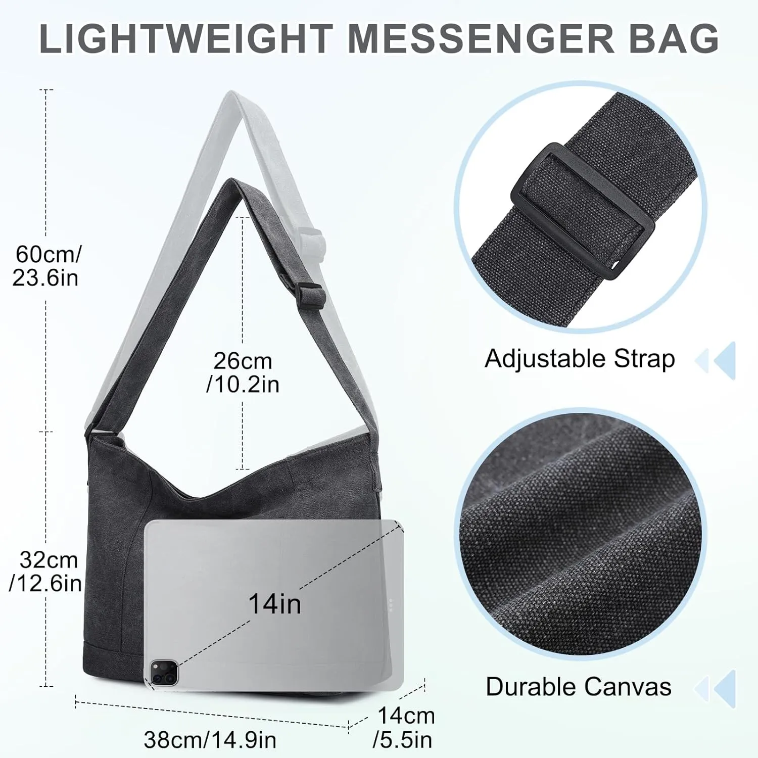 VASCHY Canvas Messenger Bag, Lightweight Casual Crossbody Slouchy Shoulder Hobo Side Bag Purse for Men and Women