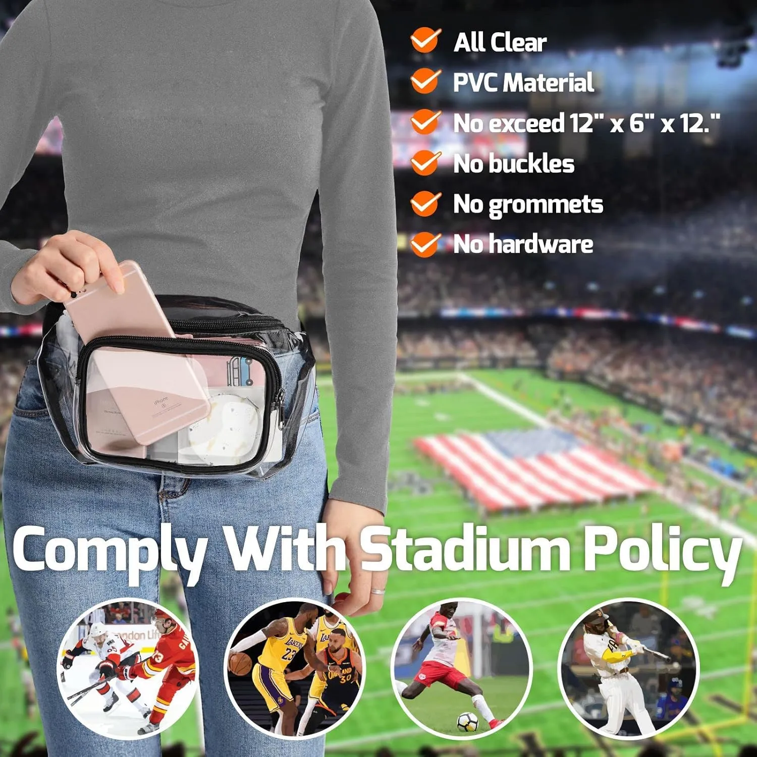 Veckle 2 Pack Clear Fanny Pack Stadium Approved - Adjustable Belt Bag for Women Men Fits Sport Events, Travel, Beach, Concerts, Water-resistant Stadium Waist Bag Transparent Clear Purse