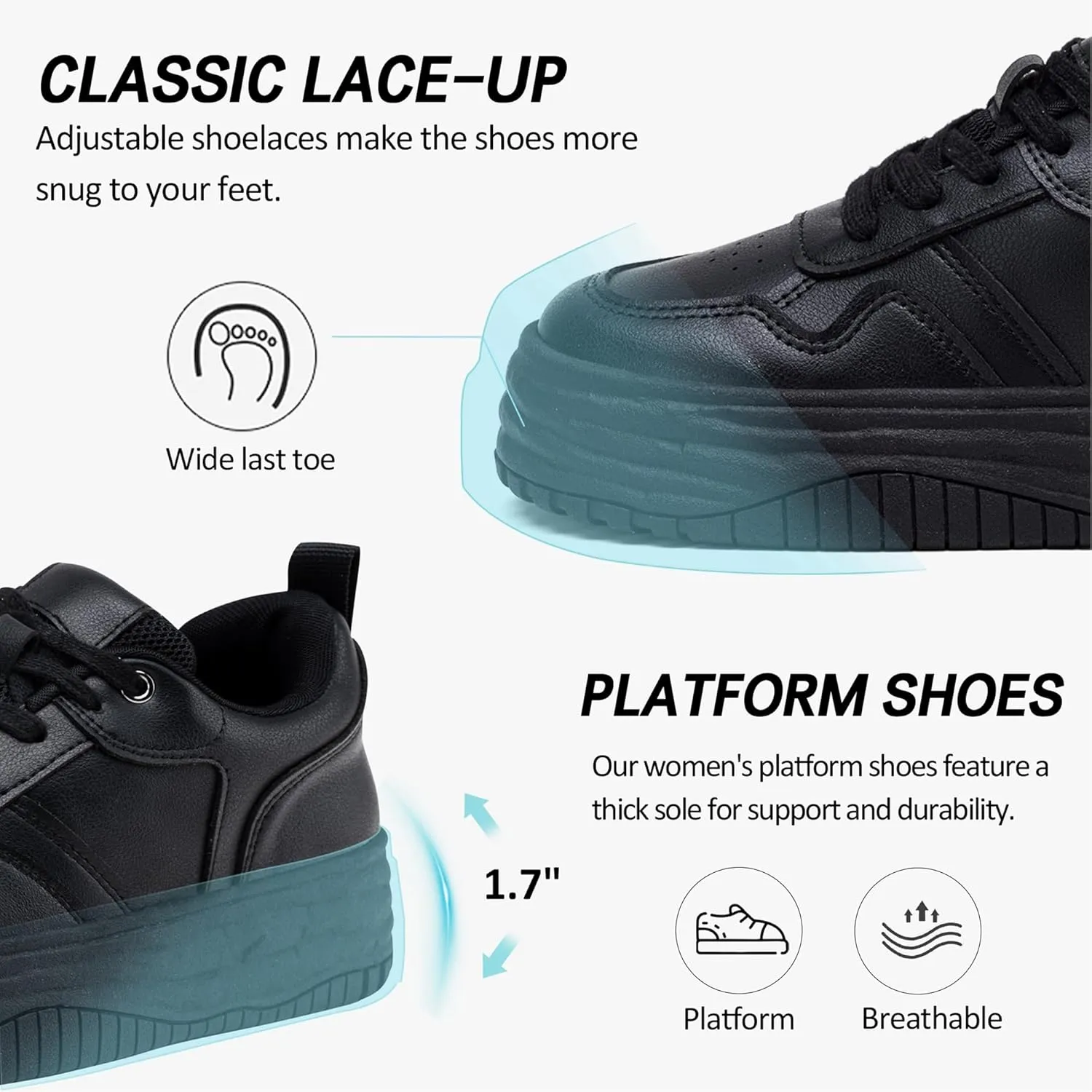 Vepose 8060 Women's Fashion Platform Sneakers, Wide Toe Design Leather Casual Tennis Lace-up Shoes