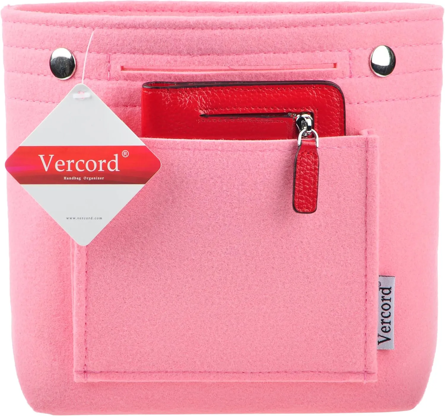 Vercord Mini Slim Small Felt Purse Organizer Insert Inside Handbag Tote Pocketbook for Women Pink