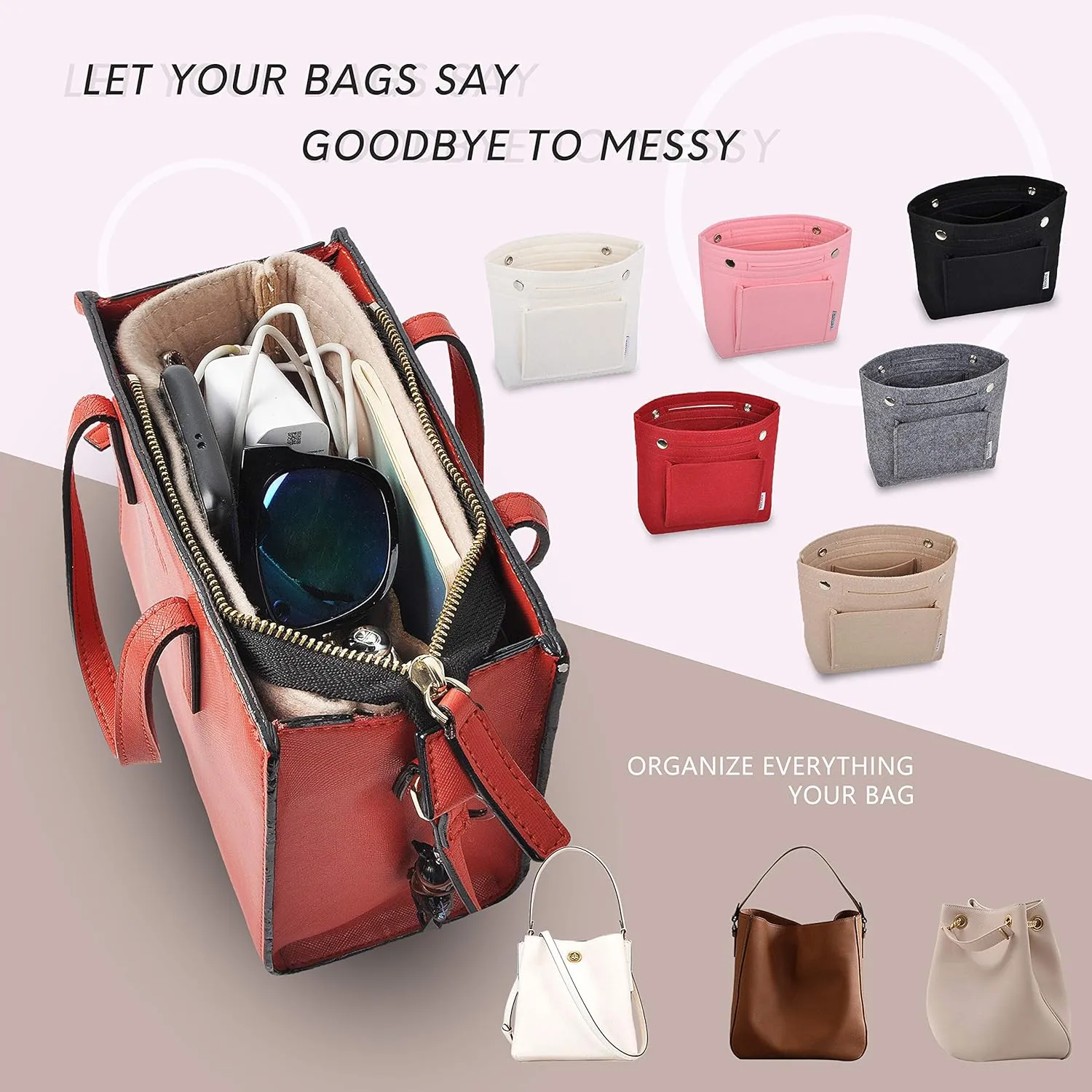 Vercord Mini Slim Small Felt Purse Organizer Insert Inside Handbag Tote Pocketbook for Women Pink