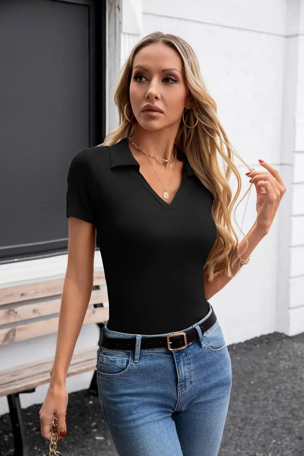 VICHYIE Womens Short Sleeve Shirts Lapel Collared V Neck Slim Fitted Ribbed Knit Tight Polo Tops