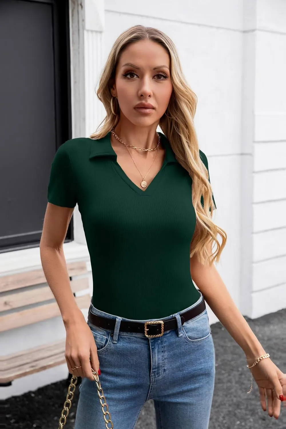 VICHYIE Womens Short Sleeve Shirts Lapel Collared V Neck Slim Fitted Ribbed Knit Tight Polo Tops