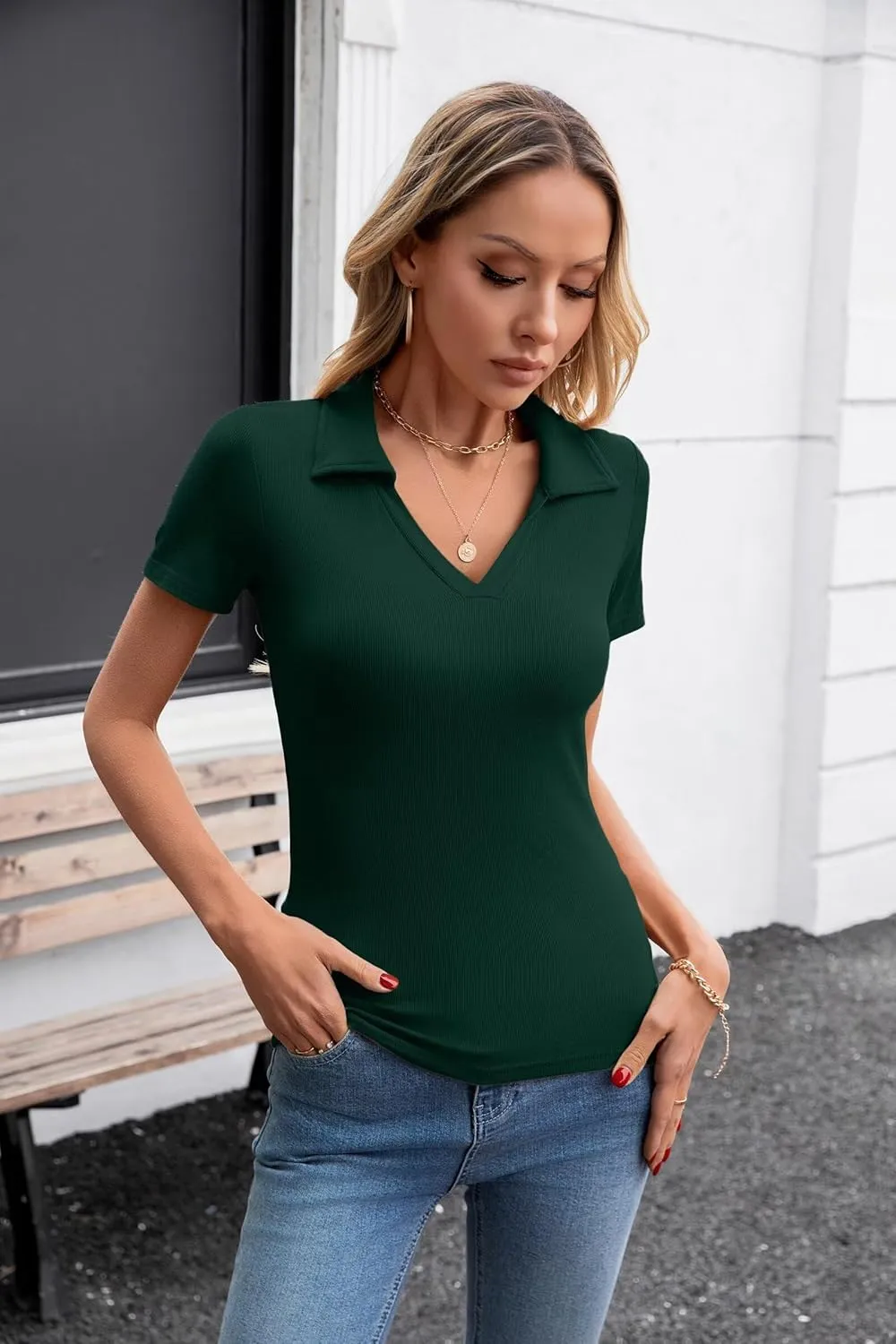 VICHYIE Womens Short Sleeve Shirts Lapel Collared V Neck Slim Fitted Ribbed Knit Tight Polo Tops