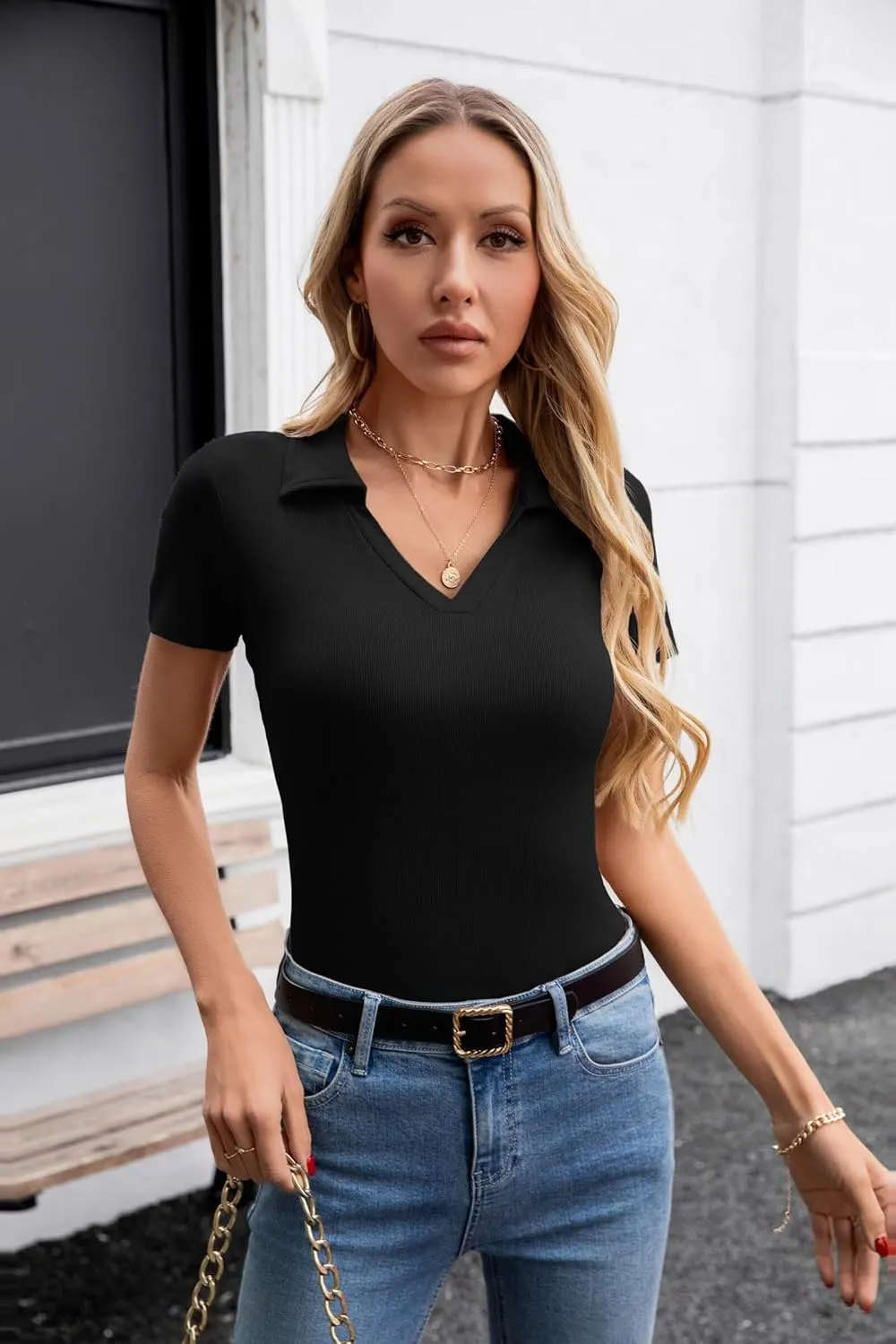 VICHYIE Womens Short Sleeve Shirts Lapel Collared V Neck Slim Fitted Ribbed Knit Tight Polo Tops