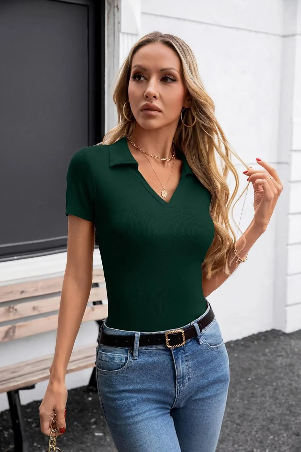 VICHYIE Womens Short Sleeve Shirts Lapel Collared V Neck Slim Fitted Ribbed Knit Tight Polo Tops