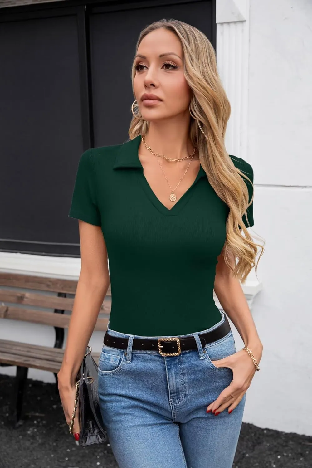 VICHYIE Womens Short Sleeve Shirts Lapel Collared V Neck Slim Fitted Ribbed Knit Tight Polo Tops
