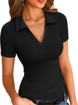 VICHYIE Womens Short Sleeve Shirts Lapel Collared V Neck Slim Fitted Ribbed Knit Tight Polo Tops