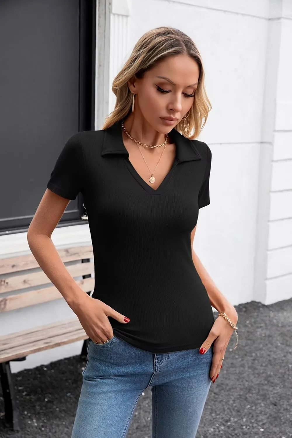VICHYIE Womens Short Sleeve Shirts Lapel Collared V Neck Slim Fitted Ribbed Knit Tight Polo Tops