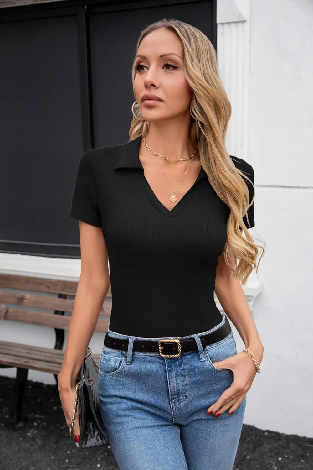 VICHYIE Womens Short Sleeve Shirts Lapel Collared V Neck Slim Fitted Ribbed Knit Tight Polo Tops
