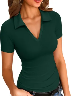 VICHYIE Womens Short Sleeve Shirts Lapel Collared V Neck Slim Fitted Ribbed Knit Tight Polo Tops